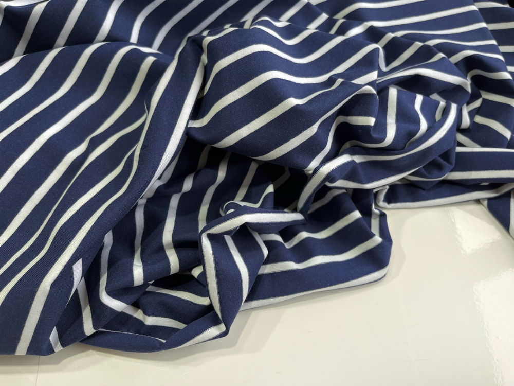 ПОЛОСКИ НА СИНЕМ - Кулирка с лайкрой, компакт пенье (КРВ704 Олеся) (к0 мятый)