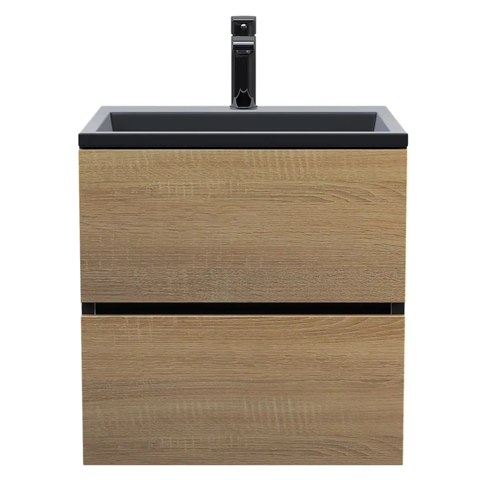 Тумба с раковиной Uperwood Barsa 60 см, раковина черная глянцевая, подвесная тумба черная/дуб сонома