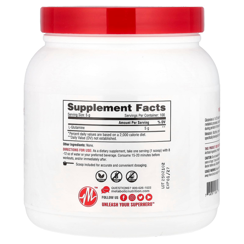Metabolic Nutrition, L-глютамин, без добавок, 500 г (17,64 унции)