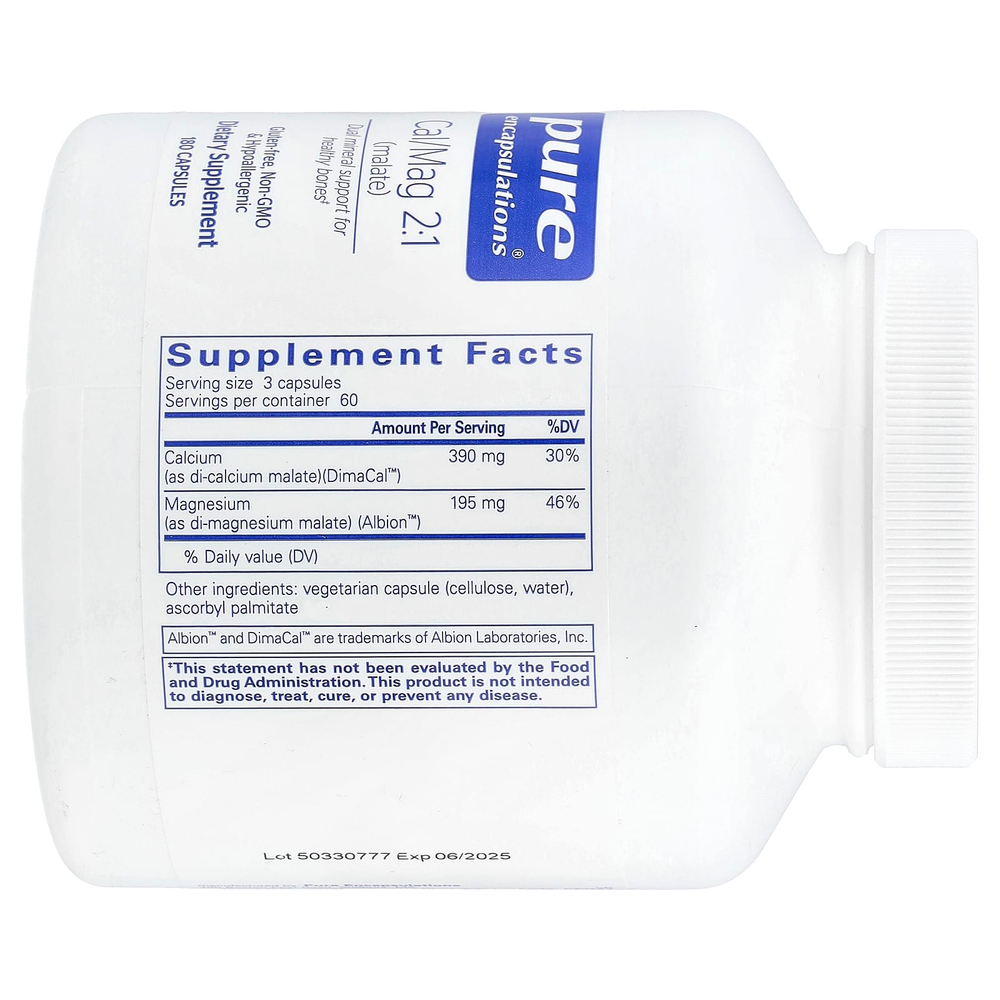 Pure Encapsulations, Cal / Mag 2: 1 (малат), 180 капсул