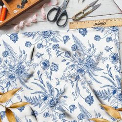 Ткань оксфорд 210 синие листья и цветы