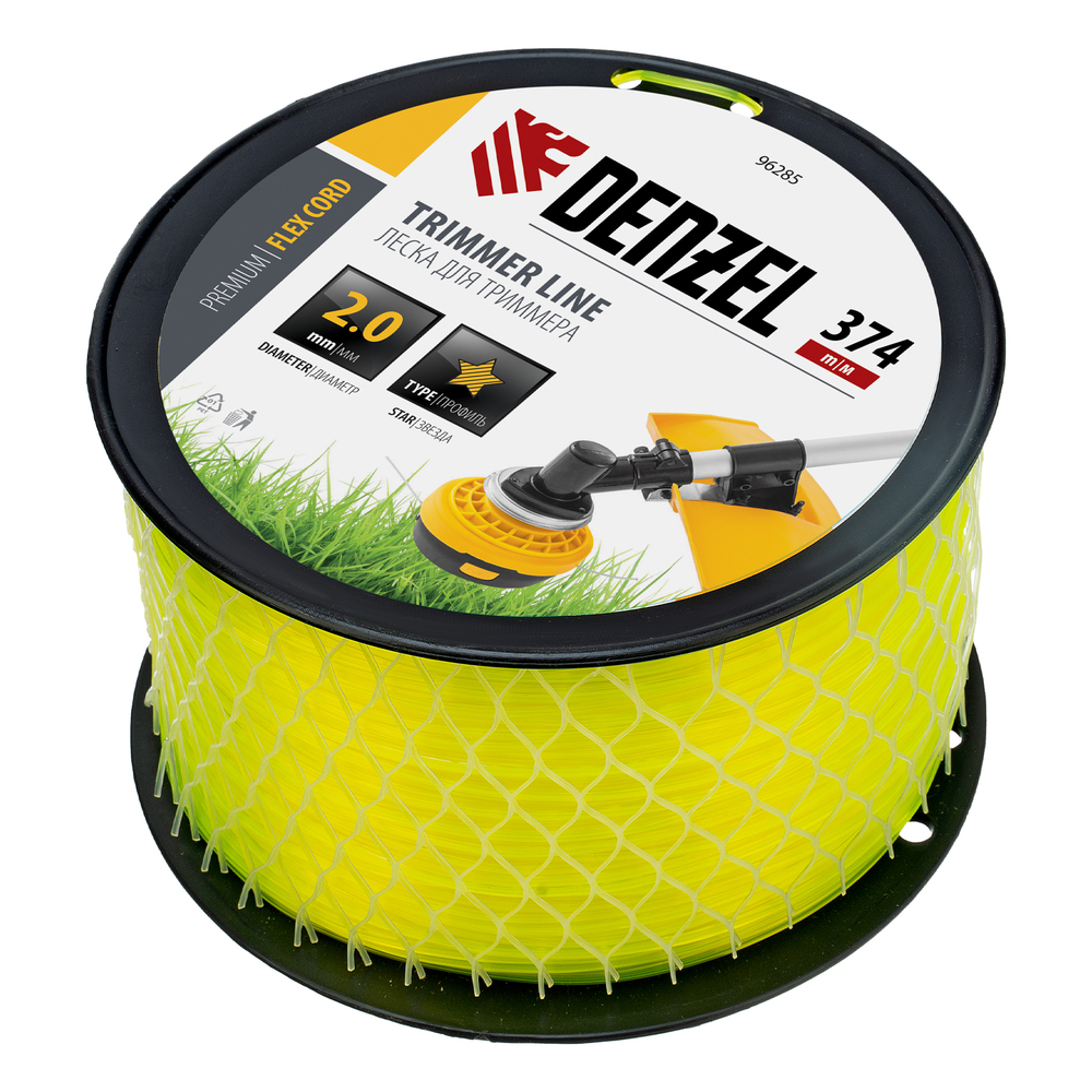 Леска для триммера звезда, 2,0мм х 374м, на DIN катушке FLEX CORD,  Denzel