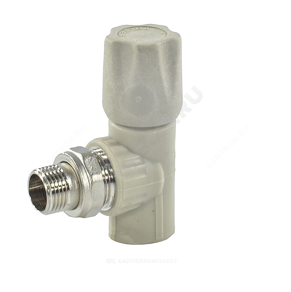 Клапан (вентиль) PP-R запорный серый Дн 20х1/2" Ру25 НР угловой для радиатора VALFEX 1014720012Г