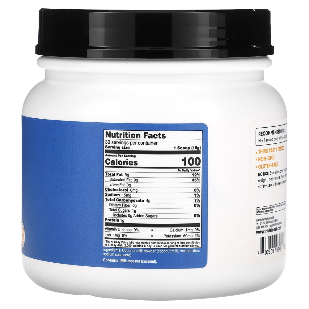 Nutricost, сухое кокосовое молоко, без добавок, 454 г (1 фунт)