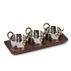 Соусник 140 мл для подачи 3 шт. на дерев. подст.   нерж. 2 ручки золото P.L. Proff Cuisine