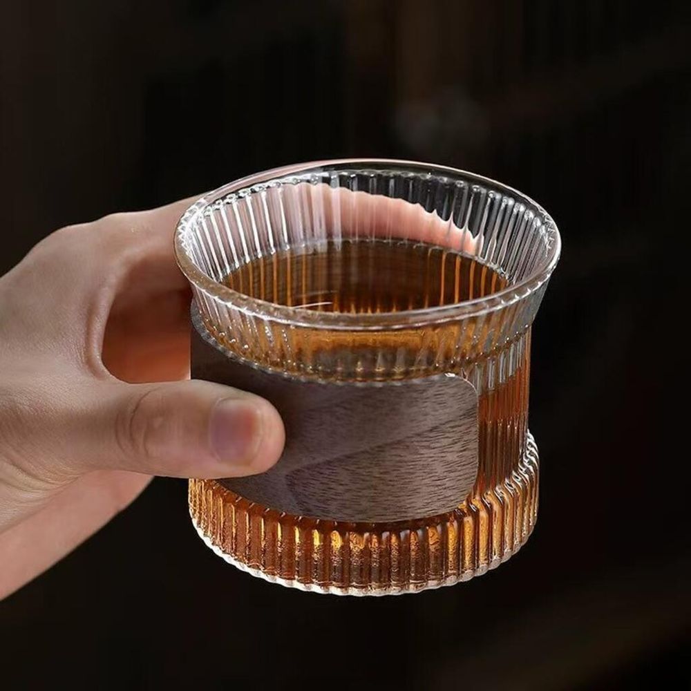 Чашка 170 мл кофейная без ручки Japanese Style Optical дерев. вставка Barista стекло Barbossa [1]