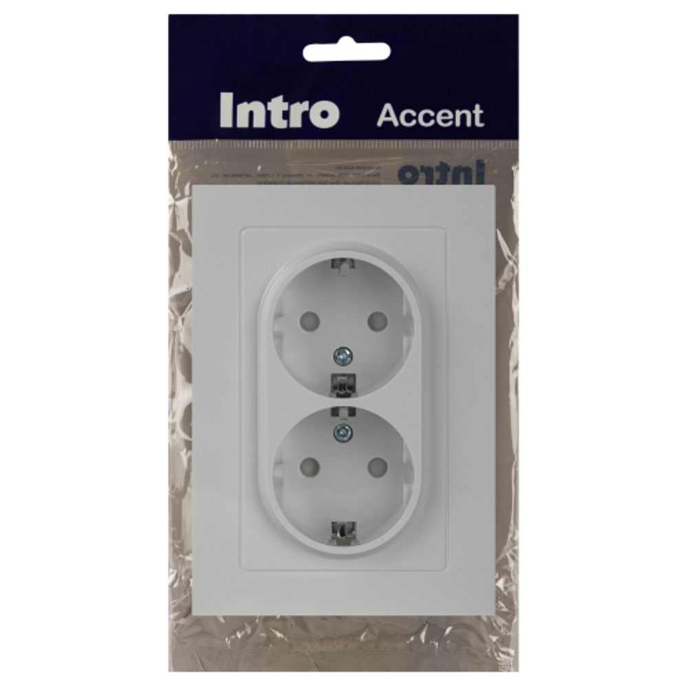 Розетка Intro Accent 6-208-01 двойная с заземлением 2X2P+E Schuko со шторками 16А-250В IP20 СУ AL/CU белый