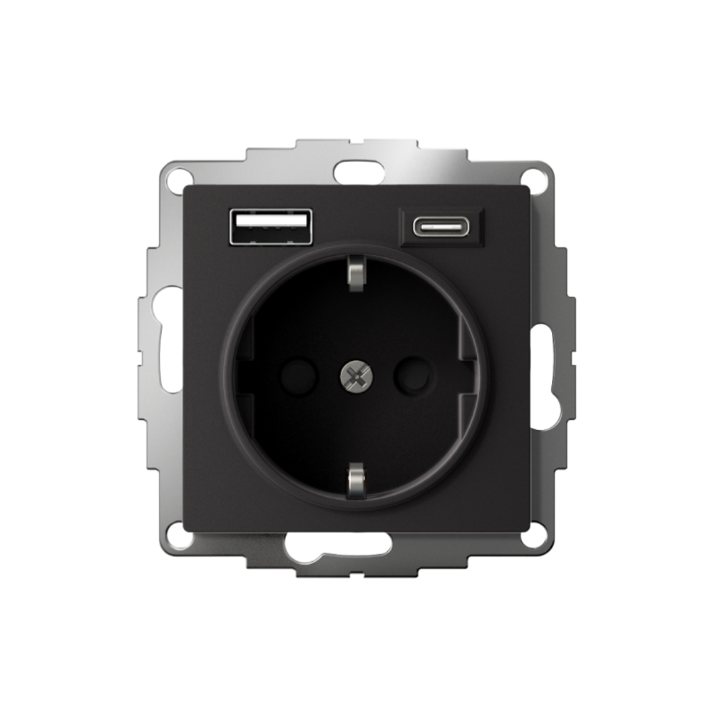 Розетка AtlasDesign 16А с 2-мя заряд. устройствами USB тип A+C 5В/2.4А 2х5В/1.2А механизм карбон SE ATN001032