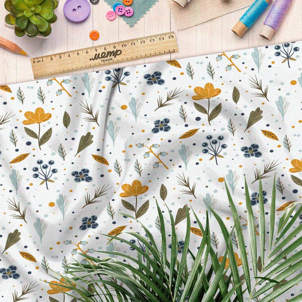 Ткань ниагара болотные листья и цветы на белом фоне