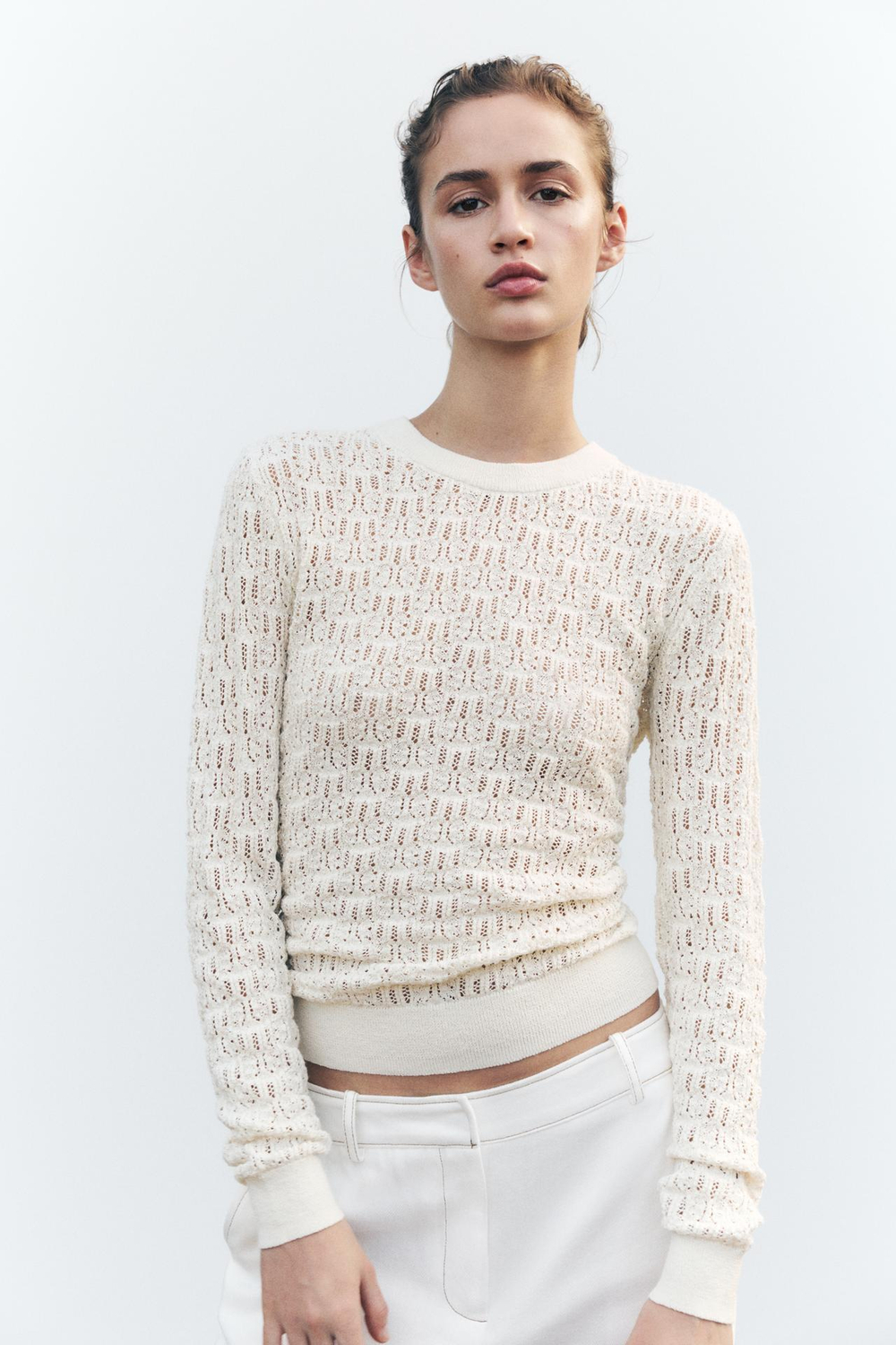 ZARA АЖУРНЫЙ СВИТЕР, ЭКРЮ