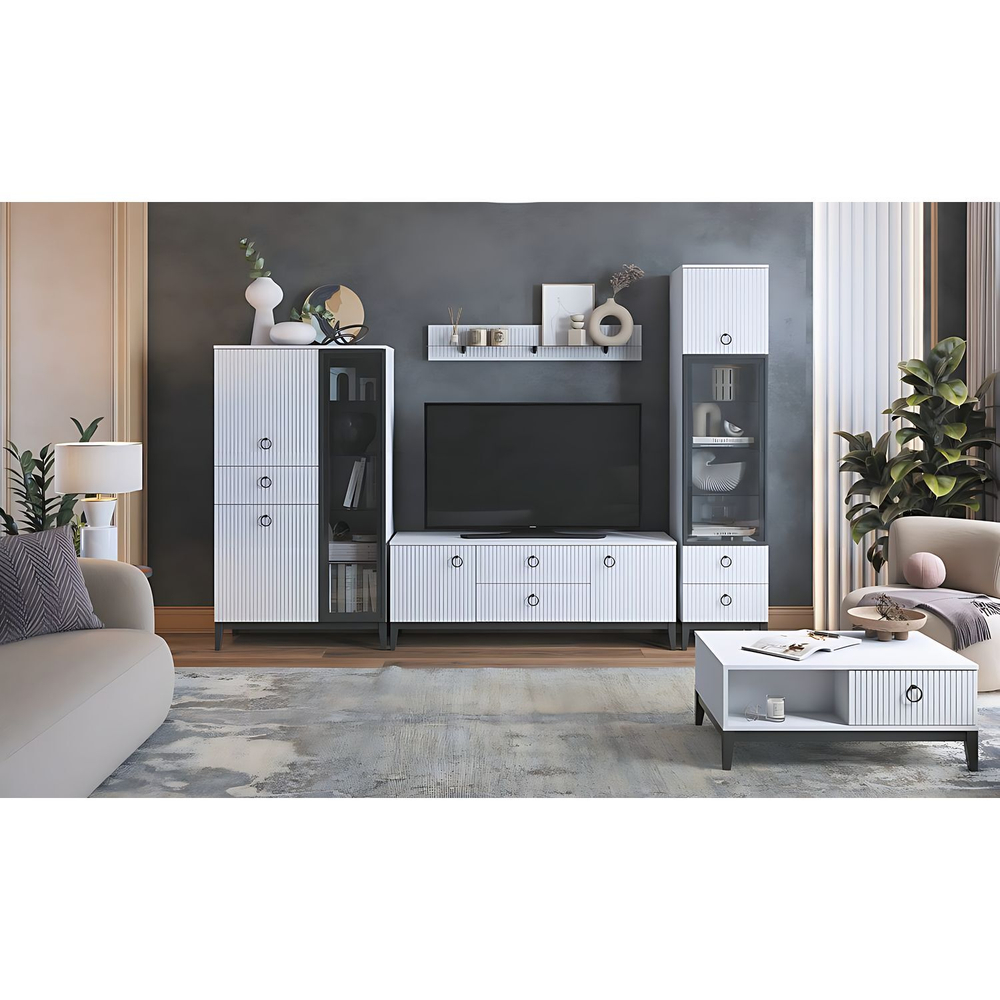 Шкаф-витрина стеклянный в гостиную Белое Сияние/Белый Снег Софт, 90,2х45,1х160 см Шарлиз