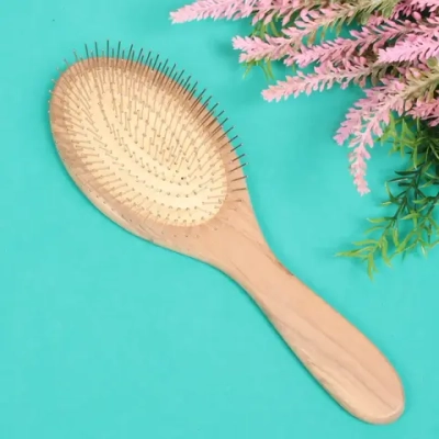 Расческа массажная деревянная «Bon Salon», форма овал, метал. зубья, цвет коричневый, 8*25см (хедер- подложка пластик ультрамарин)