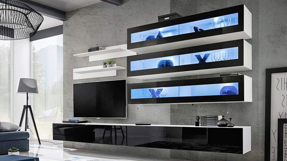 Гостиная 5 МДФ (черная) / Белый Фасадный 0101 320*40*180 см, Черный, Белый Фасадный   Фиеста