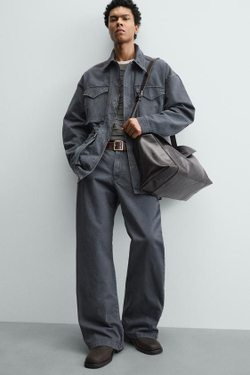 ZARA БРЮКИ ИЗ ВАРЕНОГО ХЛОПКА, СВЕТЛЫЙ ИНДИГО