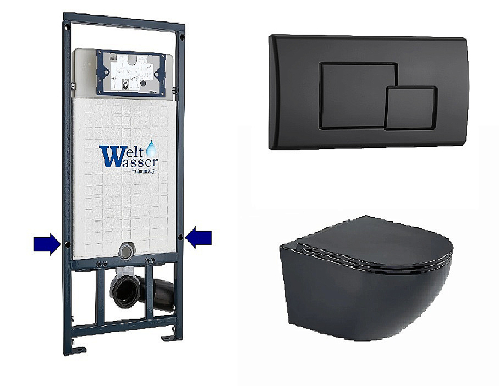 Унитаз подвесной WeltWasser WW MERZBACH 10000014152 с крышкой микролифт, безободковый, смыв торнадо, в комплекте с инсталяцией, черный матовый