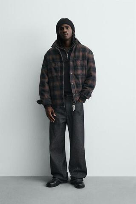 ZARA СТЕГАНАЯ КУРТКА-РУБАШКА В КЛЕТКУ, КОРИЧНЕВЫЙ