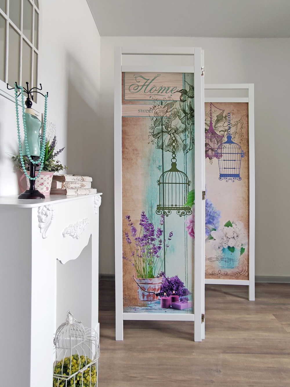 Ширма - перегородка для зонирования пространства деревянная с картинкой с обеих сторон "Райские птички", 3 створки, 480*1800 мм