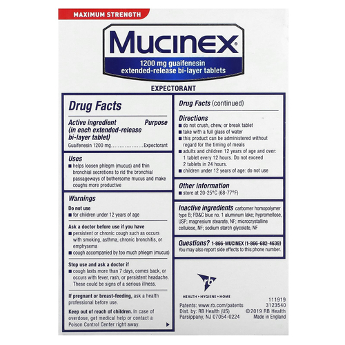 Mucinex, Отхаркивающее средство, максимальная эффективность, 1200 мг, 28 двухслойных таблеток с пролонгированным высвобождением