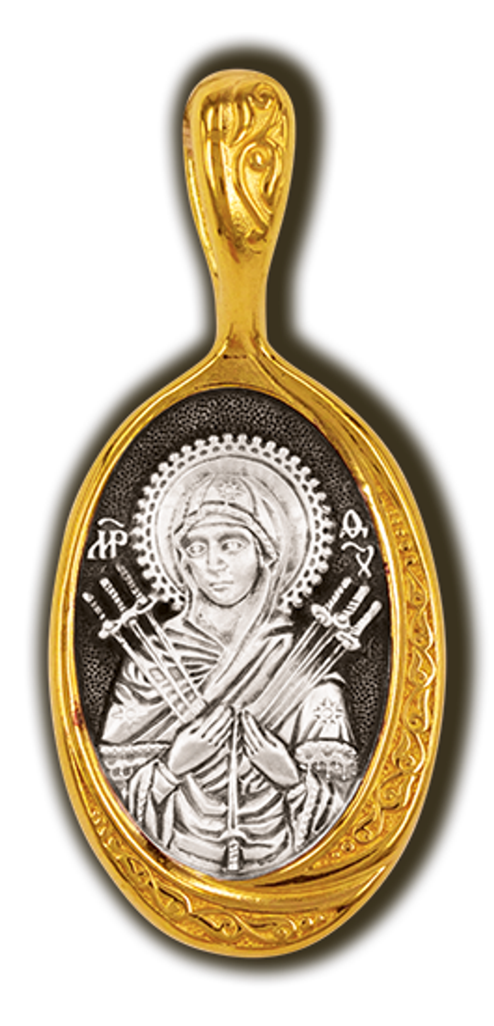 Умягчение злых сердец (Семистрельная). Нательная икона из серебра с позолотой.