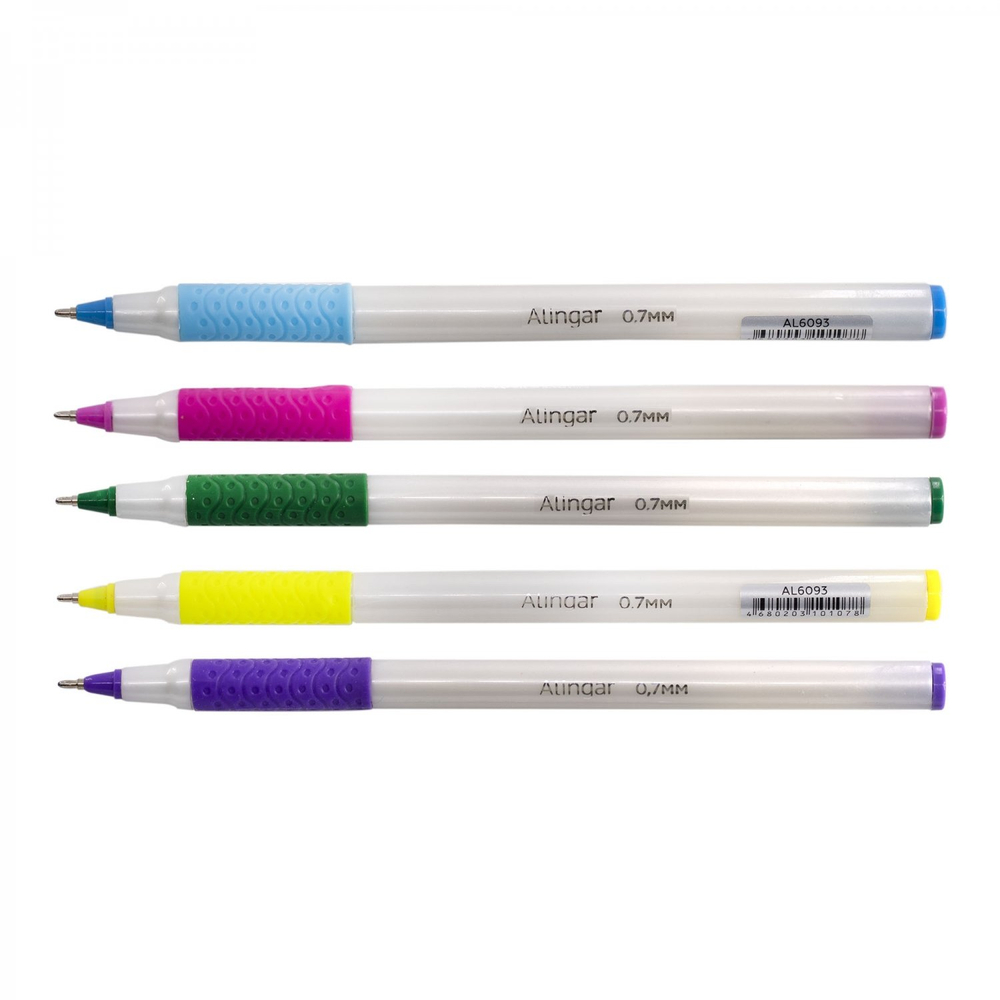 Ручка шариковая на масляной основе Alingar, 0,7 мм, синяя, игольчатый наконечник, резин. грип, 5 цветов круглый, пластиковый корпус, карт. уп.
