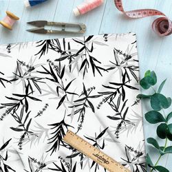 Ткань интерлок тонкая китайская листва на белом фоне