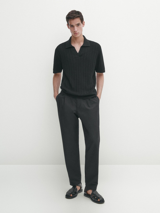 Massimo Dutti Поло в рубчик с короткими рукавами, черный