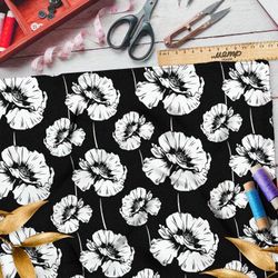 Ткань шифон крупные белые маки на чёрном фоне