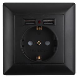 Розетка Intro Solo 4-410-05 с заземлением P+E Schuko со шторками, 16А-250В + 2хUSB, IP20, СУ, антрацит