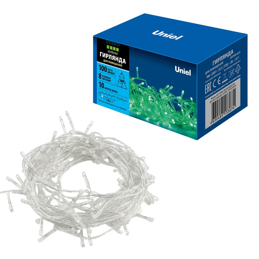 ULD-S1000-100/DTA GREEN IP20 Гирлянда светодиодная, 10м. 100 светодиодов. Зеленый свет. Провод прозрачный. ТМ Uniel