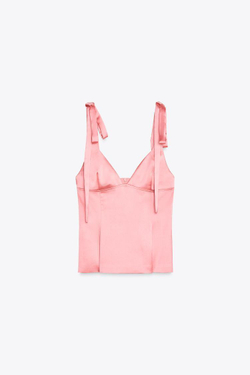 ZARA АТЛАСНЫЙ ТОП С БАНТАМИ, ЯРКО-РОЗОВЫЙ