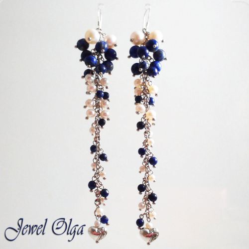 Серьги "Вальс сердец" длинные серьги с жемчугом лазуритом