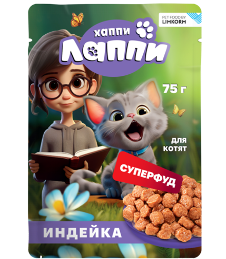 Хаппи Лаппи консервированный корм для котят, кусочки в соусе с индейкой, 75 г