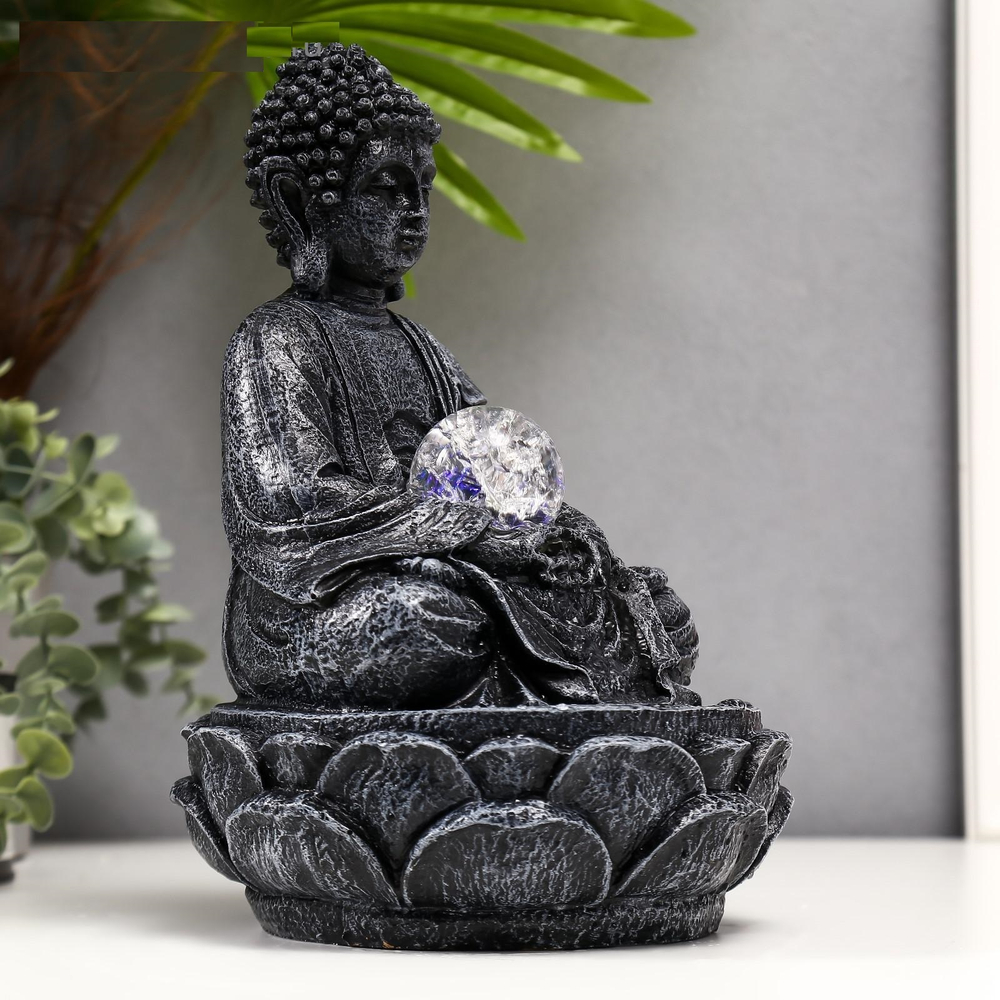 Фонтан настольный от сети, подсветка Серый Будда с шаром, 30х19х19 см