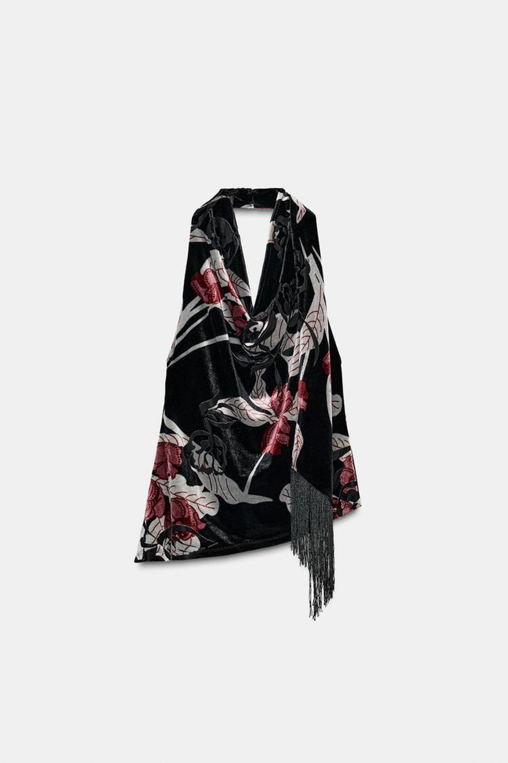 ZARA ТОП С ГОРЛОВИНОЙ ХАЛТЕР И БАХРОМОЙ ИЗ БАРХАТА, ЧЕРНЫЙ/ЦВЕТ ФУКСИИ