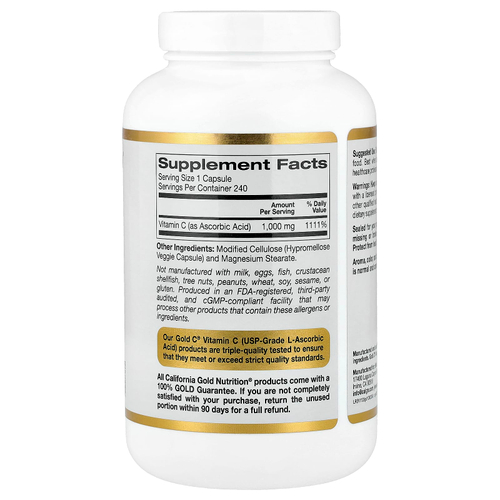 California Gold Nutrition, Gold C®, витамин C класса USP, 1000 мг, 240 вегетарианских капсул