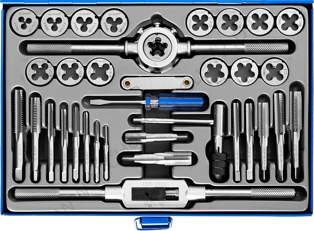 ЗУБР 35 предметов, сталь Р6М5, Набор метчиков и плашек, Профессионал (28110-H35)