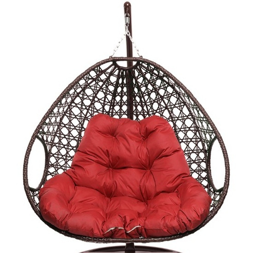 Подвесное кресло ДЛЯ ДВОИХ ЛЮКС с ротангом коричневый, жёлтая подушка