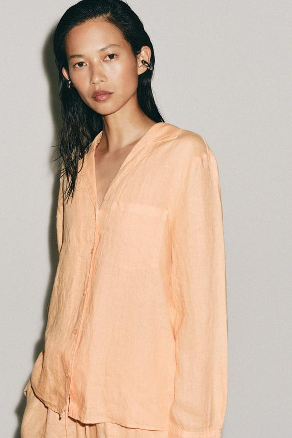 ZARA РУБАШКА ИЗ ЛЬНА С КАРМАНОМ — ZW COLLECTION, МАНДАРИНОВЫЙ