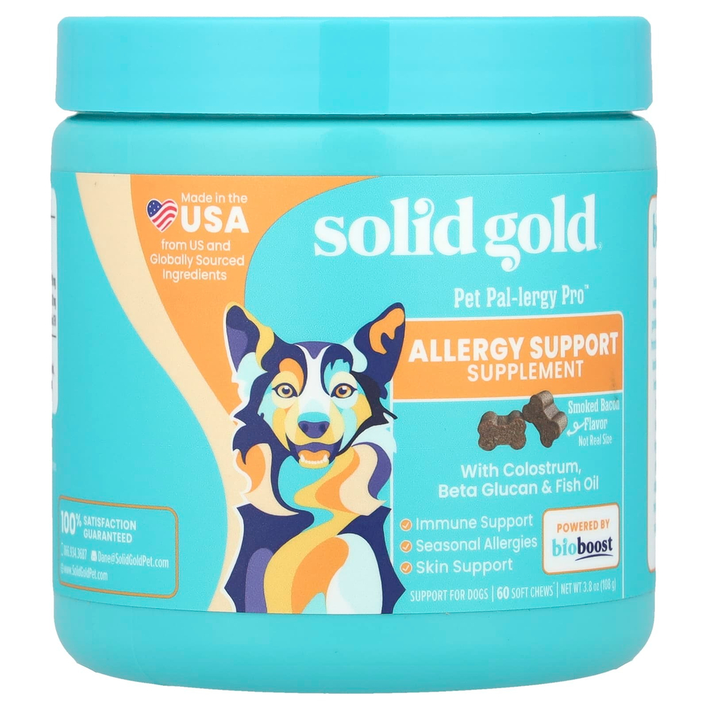 Solid Gold, Pet Pal-Lergy Pro ™, добавка для поддержки аллергии, для собак, с копченым беконом, 60 жевательных таблеток, 108 г (3,8 унции)