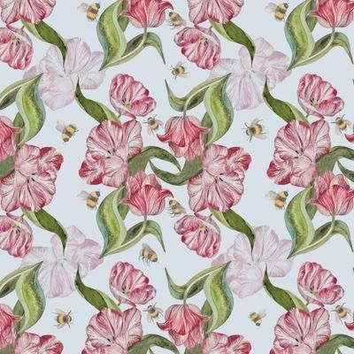 Pattern with tulips and bumblebees