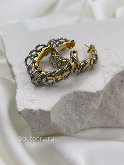 Серьги кольца массивные золотистые с серебристыми колечками "проколотые"