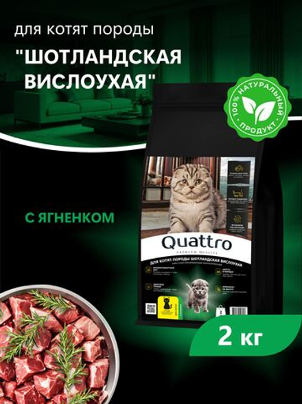 Корм сухой для котят породы Шотландская вислоухая, с ягненком, 2кг, QUATTRO