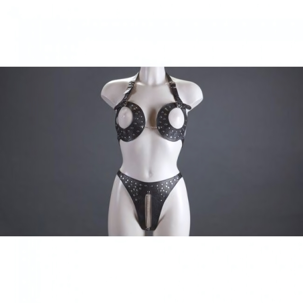 Комплект женский из лифа и стрингов кожаный (Цвет: черный)