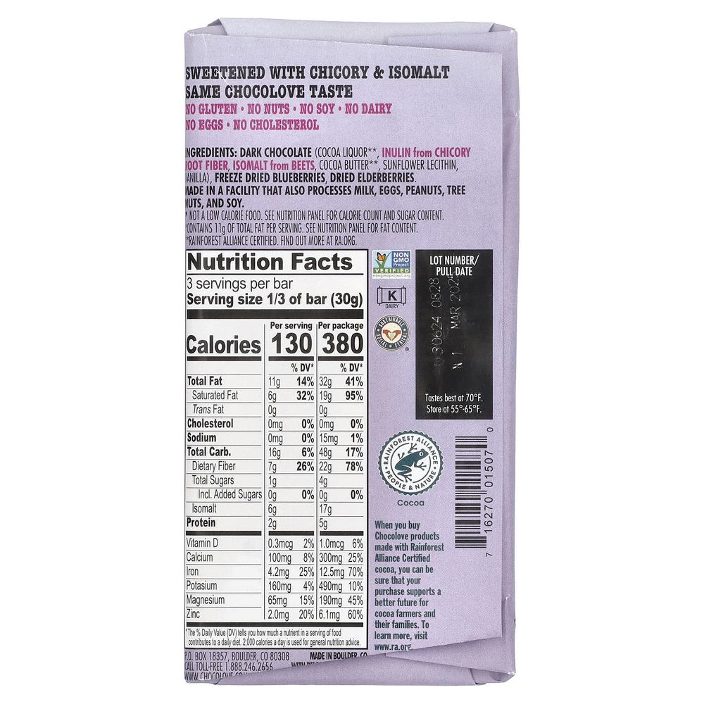 Chocolove, Темный шоколад с бузиной и голубикой, 60% какао, 90 г (3,2 унции)