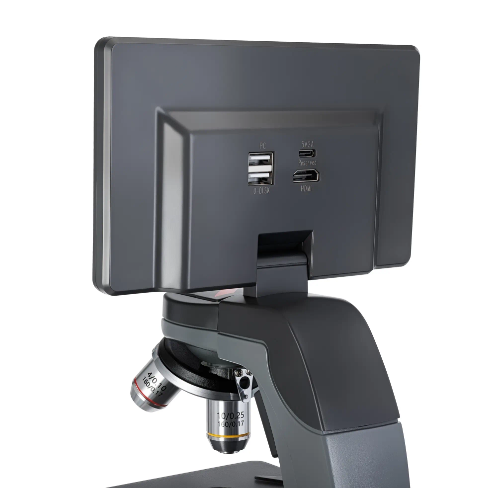 Фотомикроскоп Levenhuk Kelvin Touch KM5 вид сзади, порты подключения и экран