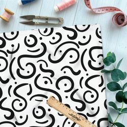 Ткань интерлок чёрные витиеватые  узоры на бежевом фоне