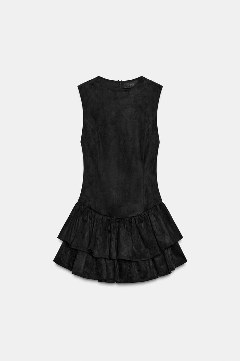 ZARA КОРОТКОЕ ПЛАТЬЕ ИЗ ИСКУССТВЕННОЙ ЗАМШИ С ВОЛАНАМИ, ЧЕРНЫЙ