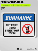 Табличка для частной территории "Внимание, переведите телефон в беззвучный режим", на дом, для участка, организаций и частных территорий, предупреждающая, 40х30 см, Silver Plane x Айдентика Технолоджи