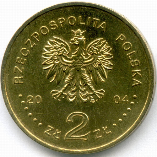 2 злотых 2004 год. Польша. История злотого - 1 злотый 1924 года. Латунь, диаметр 27 мм. XF-AU