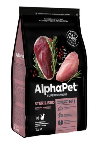 ALPHAPET сухой корм для взрослых стерилизованных кошек и котов (утка,индейка) 1,5 кг